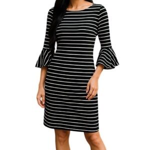 CALVIN KLEIN Striped Midi Dress Black White Ruffled Bell Sleeves Size 10